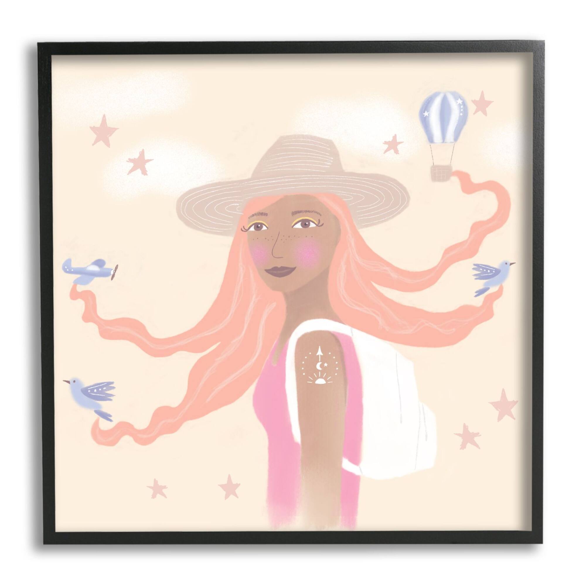 Stupell Industries Girl Flowing Hair Birds Plane Hot Air Balloon Framed Wall Art
